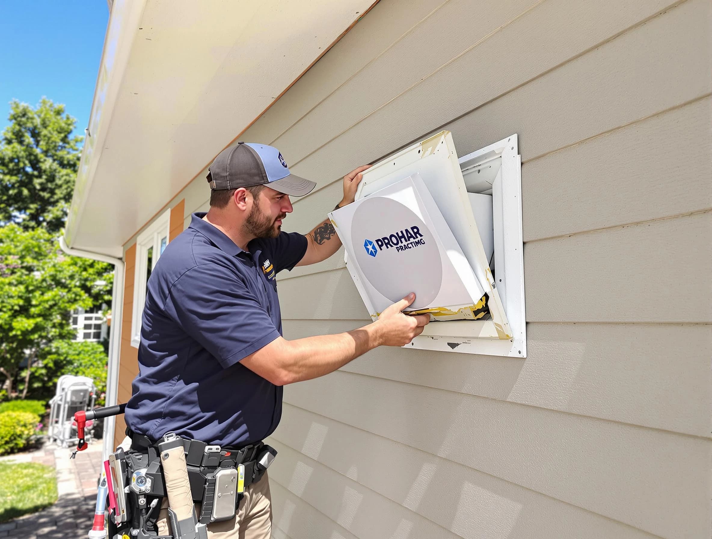 Fair Oaks Dryer Vent Cleaning technician installing a new protective dryer vent cover on a home in Fair Oaks