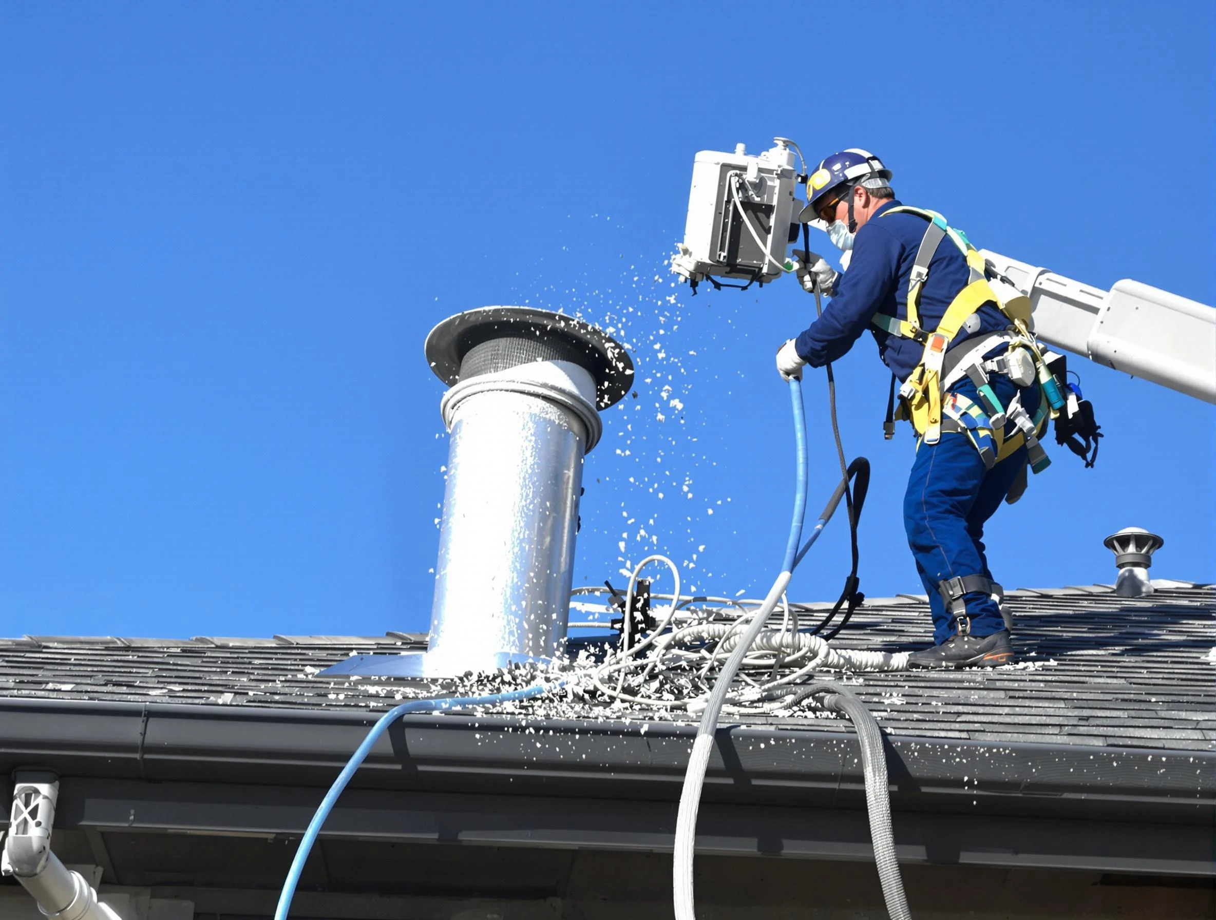 Fair Oaks Dryer Vent Cleaning certified technician safely cleaning a roof-mounted dryer vent in Fair Oaks